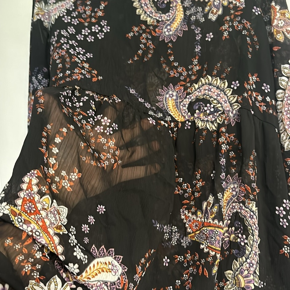 Wonderly Sheer Paisley Tunic Dress | Smocked Neck Boho Mini | Flowy Romantic - Picture 3 of 7